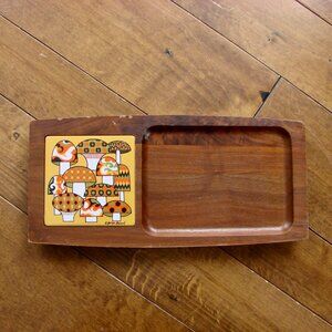 Vintage MCM Wood Charcuterie Cheese Serving Tray Georges Briard Mushroom